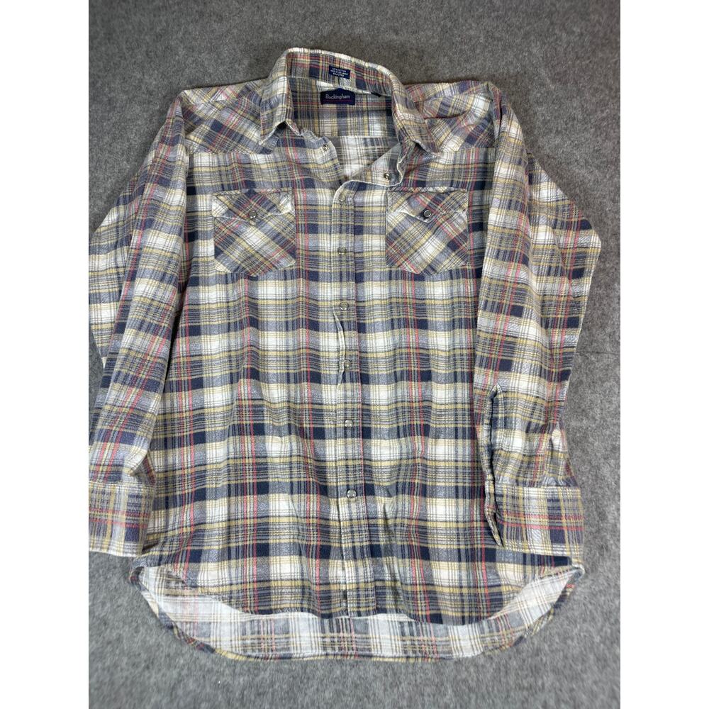 Vintage 90s Buckingham Plaid Flannel Button Up Shirt Men Large Gray Work Utility